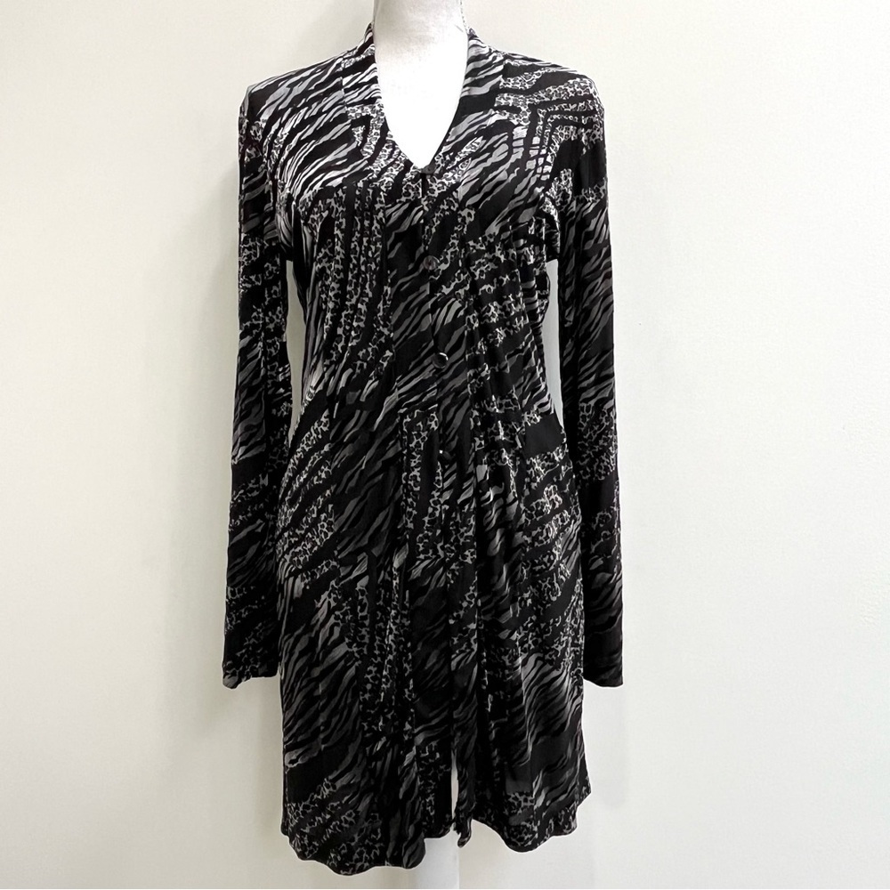 Chicos Long Cardigan Leopard Zebra Animal Print Burnout Velvet Black Silver M